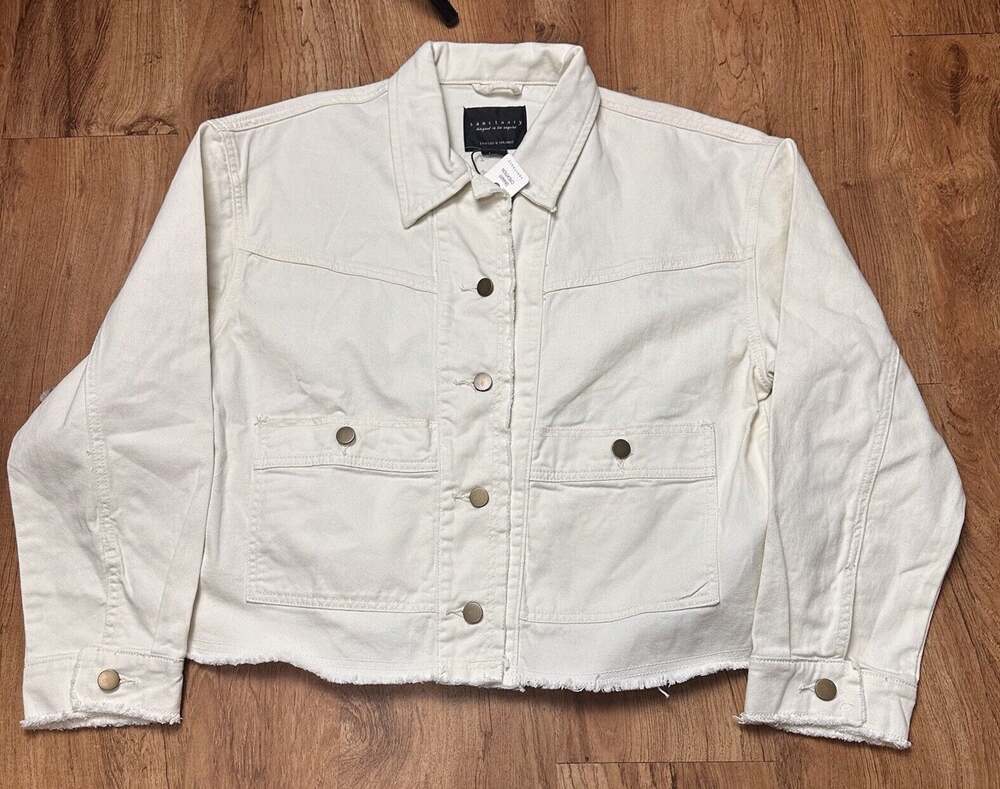 SANCTUARY Women’s Ivory Pocket Frayed Hem Button-down Trucker Flora Jacket Large
